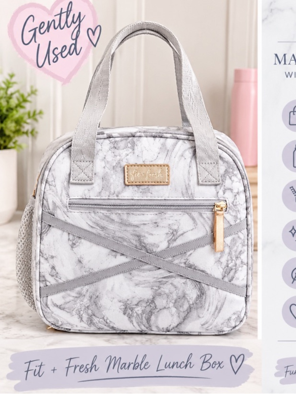 Fit + Fresh Gray White Marble Insulated Lunch Bag Bottle Holder